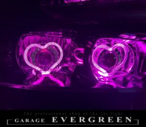 R34 スカイライン インナーブラッククロム塗装＆ハート型LEDアクリルイカリング＆ダブルLEDプロジェクター移植 仕様 純正加工品 ドレスアップ ヘッドライト