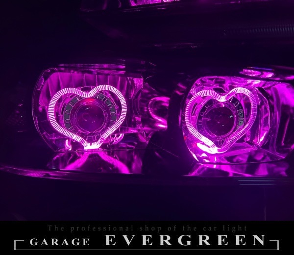 R34 スカイライン インナーブラッククロム塗装&ハート型LEDアクリルイカリング&ダブルLEDプロジェクター移植 仕様 純正加工品 ドレスアップ ヘッドライト