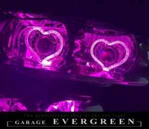 R34 スカイライン インナーブラッククロム塗装＆ハート型LEDアクリルイカリング＆ダブルLEDプロジェクター移植 仕様 純正加工品 ドレスアップ ヘッドライト