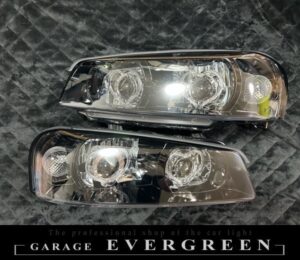 R34 スカイライン インナーブラッククロム塗装＆ハート型LEDアクリルイカリング＆ダブルLEDプロジェクター移植 仕様 純正加工品 ドレスアップ ヘッドライト