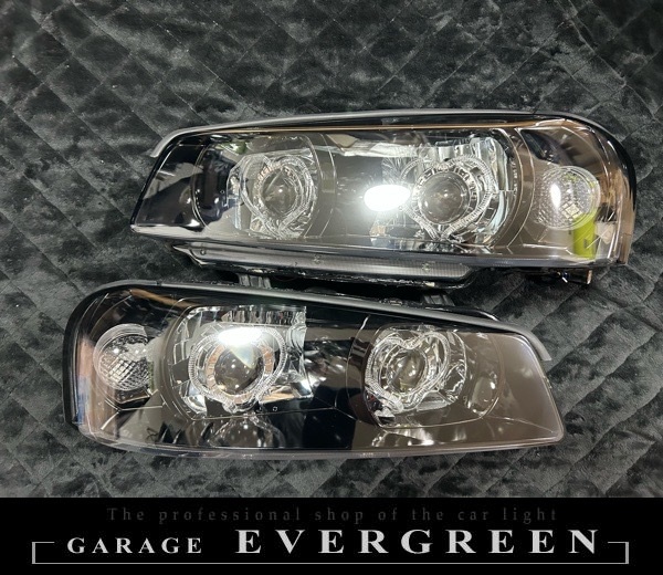 R34 スカイライン インナーブラッククロム塗装&ハート型LEDアクリルイカリング&ダブルLEDプロジェクター移植 仕様 純正加工品 ドレスアップ ヘッドライト