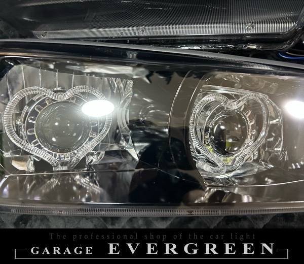 R34 スカイライン インナーブラッククロム塗装&ハート型LEDアクリルイカリング&ダブルLEDプロジェクター移植 仕様 純正加工品 ドレスアップ ヘッドライト