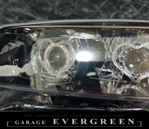 R34 スカイライン インナーブラッククロム塗装＆ハート型LEDアクリルイカリング＆ダブルLEDプロジェクター移植 仕様 純正加工品 ドレスアップ ヘッドライト